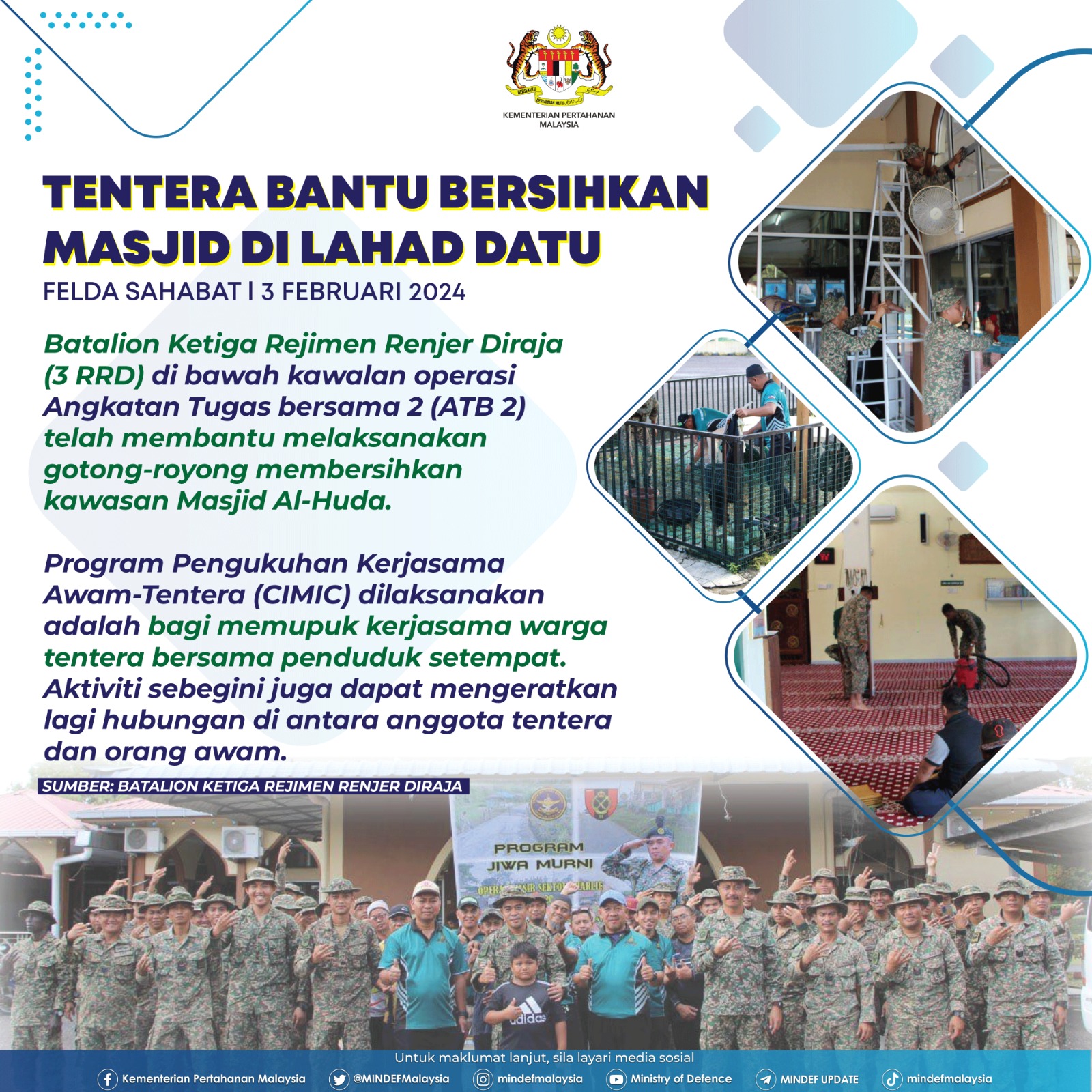 Tentera Bantu Bersihkan Masjid di Lahad Datu, FELDA Sahabat | 3 Februari 2024